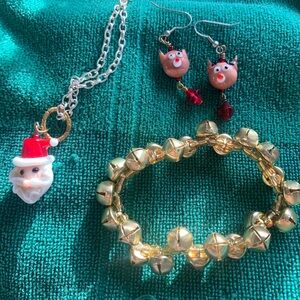 Gold Christmas jingle bell bracelet, Santa necklace, reindeer earrings